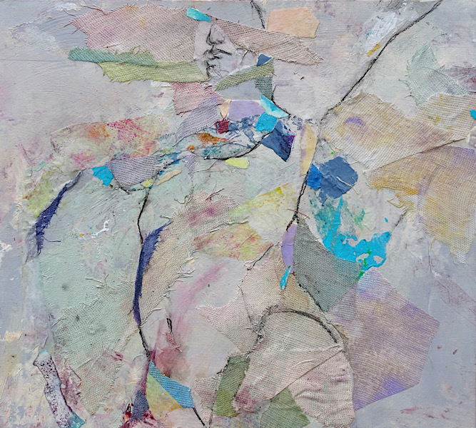 <em>Unfolding</em>, acrylic on paper, linen and birch panel, 12-1/2 inches by 14 inches
