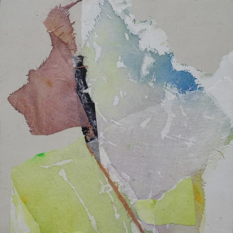 <em>Soft Pedal</em>, acrylic on paper, linen and birch panel, 12 inches by 12-1/2 inches, 140